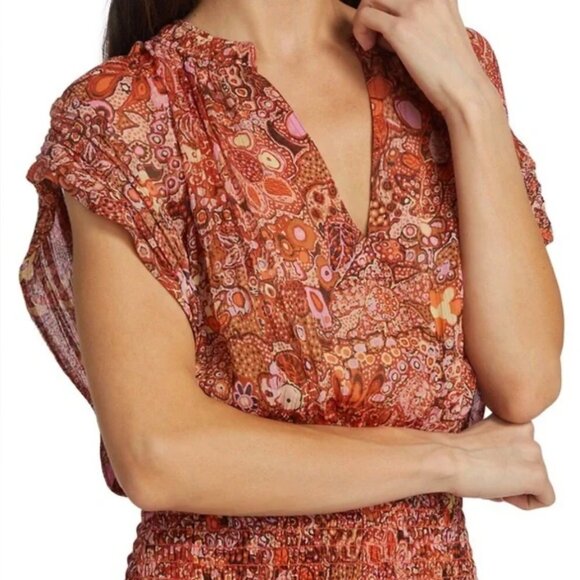 A.L.C. Carly Smocked Print Silk Mini Dress, Size 2 - Picture 3 of 14